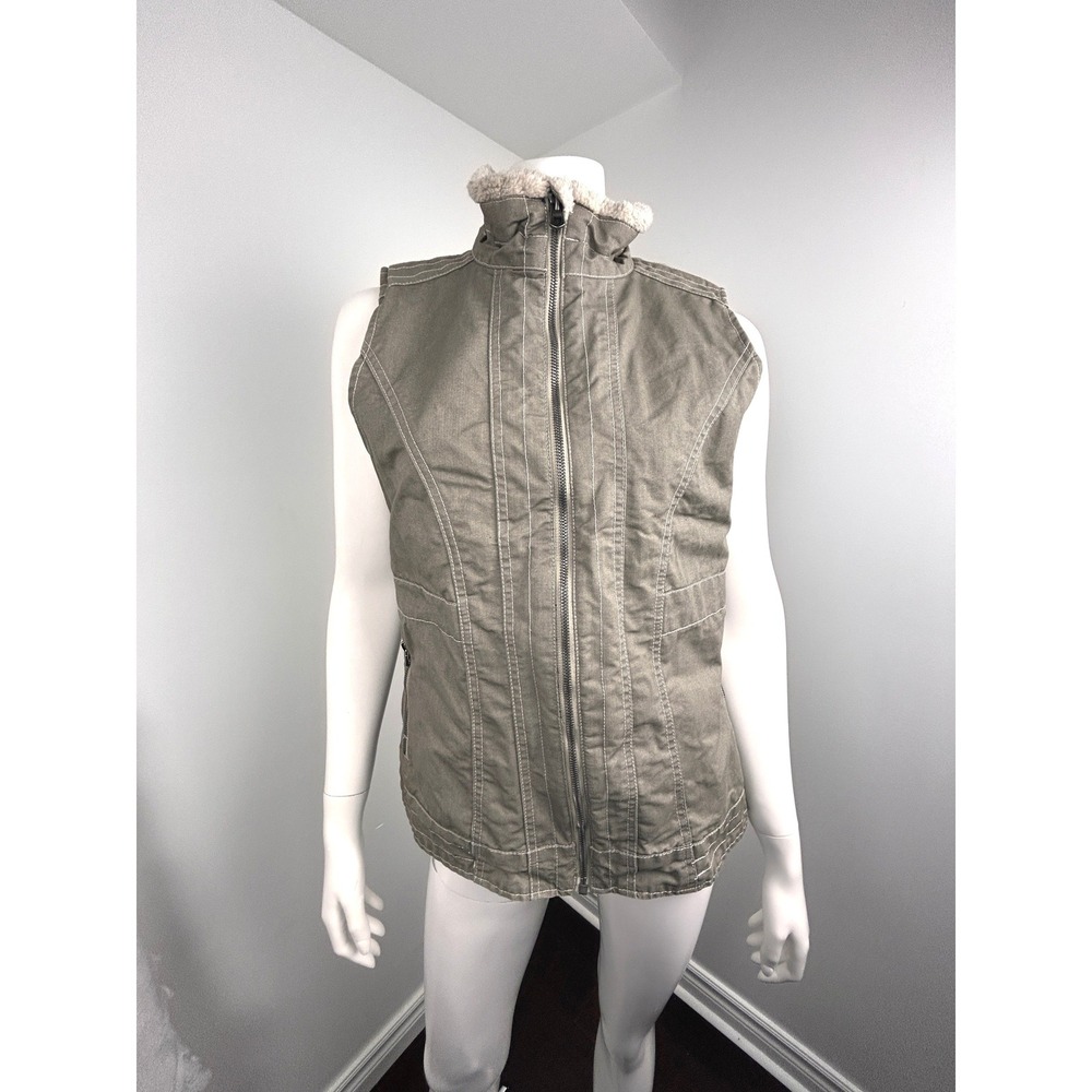 Kuhl Sherpa Lined Canvas Vest Full Zip Tan Khaki Utility Outdoor Womens S